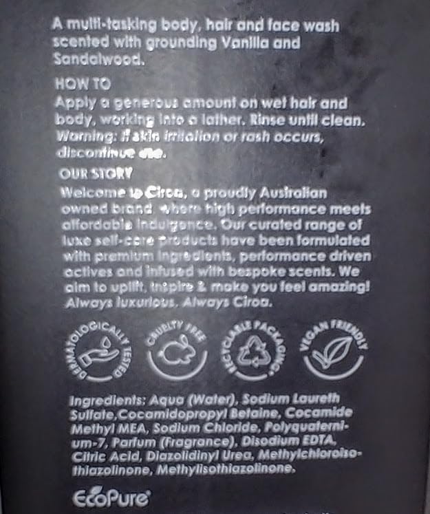 Ciroa, 3 in 1 Wash, Face-Body-Hair, Vanilla & Sandalwood, 33.8 fl oz (1,000ml) Pack of One