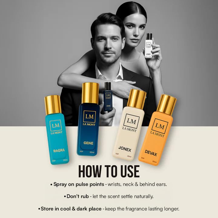 Image of LAMONT Unisex Perfume Gift Set | Pack of 4 (4x20ml) | Long Lasting EDP | GENE, DEVAX, JONEX & RAGRA | Fruity, Woody, Musky | Day & Evening Fragrance for Men & Women