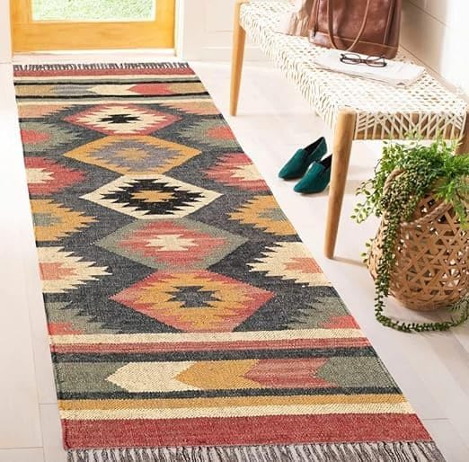 Budhrajrugs 2x6 ft Wool Jute Dhurrie Runner | Kilim Rug for Living Room, Entryways, Hallway, Kitchen | Handmade & Durable Home Decor Carpet