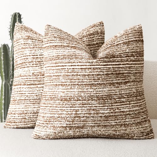 Image of Foindtower Set of 2 Faux Fur Textured Modern Throw Decorative Pillow Covers Square Accent Striped Cushion Sherpa Boho Farmhouse Pillowcase for Couch Sofa Living Room Home Decor 20x20 Inch,Orange Brown