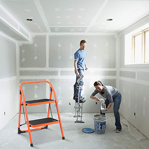 LUISLADDERS Step Ladder 2 Step Stool Fold Sturdy Steel Ladder 330lbs EN131 Portable Anti-Slip and Wide Pedal Ladder Multi-Use for Home,Garden and Office
