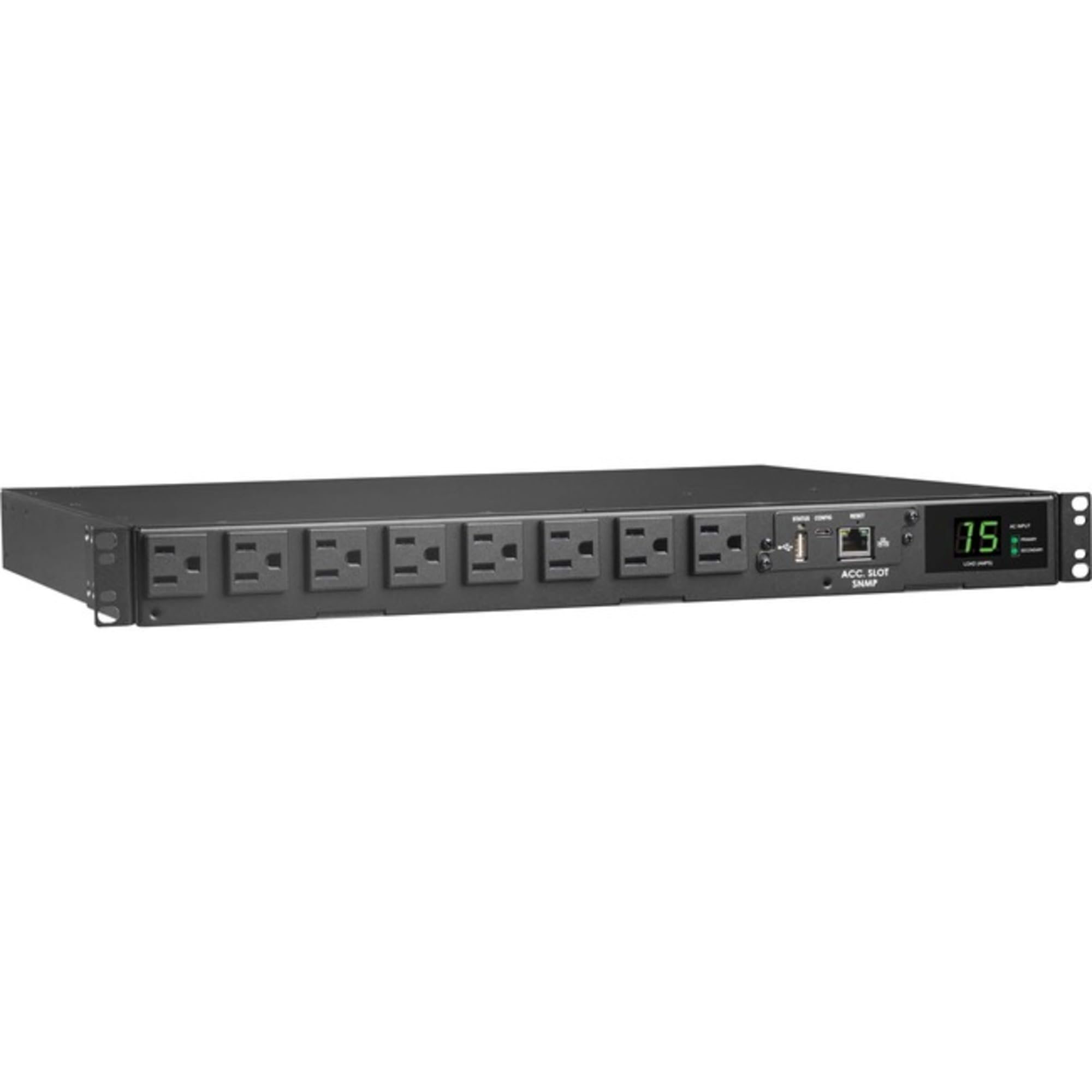 Tripp Lite Monitored PDU, Auto-Transfer Switch (ATS), Network Card WEBCARDLX, 15A, 120V, 1.44kW, Single-Phase - 8 Outlets (5-15R), Dual 5-15P 12ft Input Cords - 1U RM, 2 Year Warranty (PDUMNH15AT1)