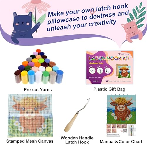 Image of veirousa Highland Cow Latch Hook Kits for Adults Beginners, Pre-Printed Animal Latch Hook Pillow Kit, Craft Rug Making Kits, DIY Embroidery Cushion for Home Sofa Decor & Gift Idea 17x17 in.