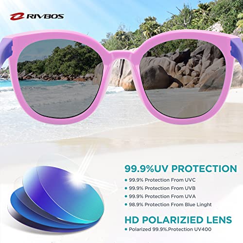 RIVBOS kids Sunglasses Girls with Strap Polarized UV Protection Flexible Shades for Baby and Children Age 2-10 RBK002-3 Pink Mirror Lens3