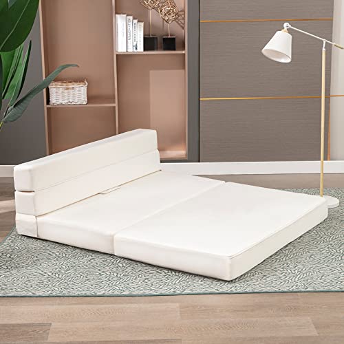 Mjkone Folding Futon Sofa Bed, Modern Convertible Couch For Compact Living Room Office Apartment Space, Modular Sectional Sofa For Resting Camping- Full, Beige #TOP1
