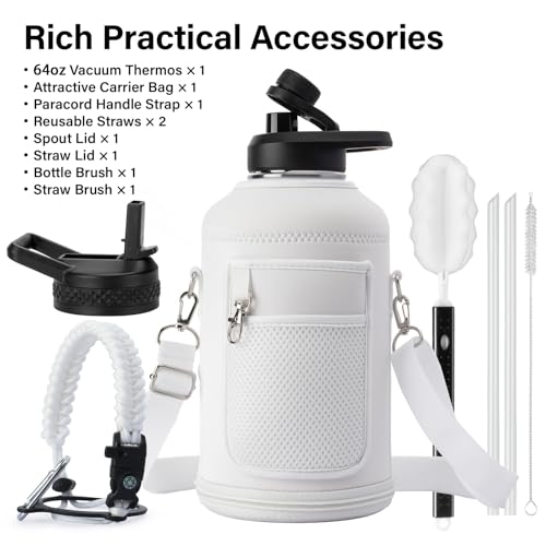 Insulated Water Bottle | Thickened Stainless Steel Vacuum Metal | Portable Sports Half Gallon Large Water Jug for Gym and Hiking with Straw, Carrier Bag, Handle Strap | BPA-Free 64 oz