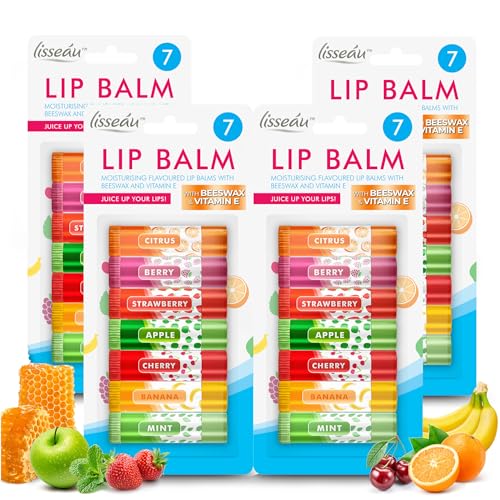 SOL 28pk Lip Balm Set Flavoured Moisturiser for Lips with Beeswax & Vitamin E - Lip Care Gift Set Fruity Flavours for Dry Chapped Lips - Moisturising Balms Multipack Sticks Girls Lipbalm for Daily Use