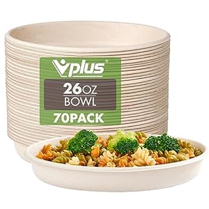 Vplus 70 Pack 26 OZ Paper Bowls, Disposable Compostable Bowls Bulk, Eco-friendly Bagasse Bowls, Heavy-duty Bowls Perfect for Milk Cereals, Snacks, Salads