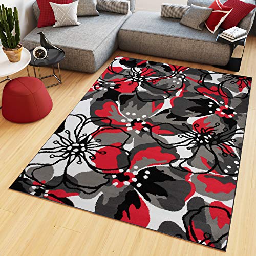 TAPISO Maya Tapis de Salon Chambre Ado Design Moderne Rouge Gris Noir Blanc Fleure Feuille Fin Poil Court 80 x 150 cm