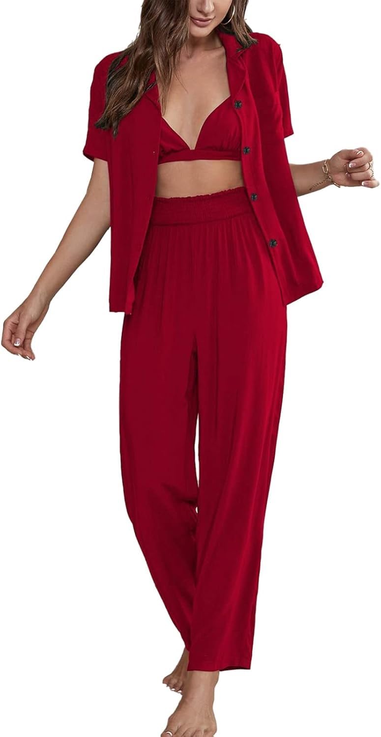 Conjunto genérico de pijama de 3 piezas para mujeres ropa de dormir abotonada ropa de dormir suave pijamas conjuntos de salón con sujetador sexy