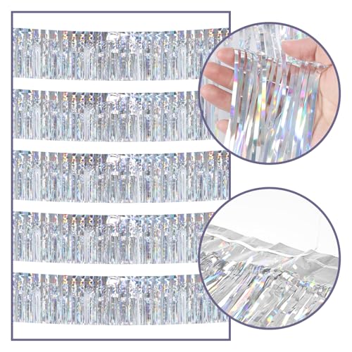 Image of 5 Pack 10 Feet Silver Fringe Garland Foil Fringe Garland Metallic Tinsel Streamers Fringe Backdrop Banner for Parade Floats Birthday Party Decorations Halloween Christmas Decor