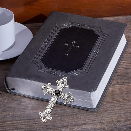 Large Gothic Cross Necklace silver-tone pendant with black glass stone, on 24" steel chain3