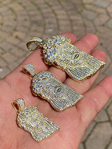 HarlemBling Solid 925 Sterling Silver Iced Jesus Piece Pendant - Men's 14k Gold Finish Jesus Piece - Great For Any Chain! Icy Baguette CZ - 3 Sizes: Small, Medium, & Large3