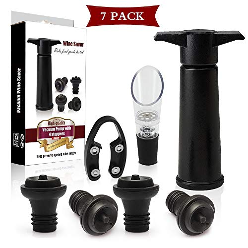 Wine Accessories Kit Gifts - 7 Piece Stainless Steel Tools Gift Set - 1 Wine Aerator Pourer+1 Foil Wine Cutter+1 Vacuum Pump with 4 Vacuum Bottle Stoppers Gift Box