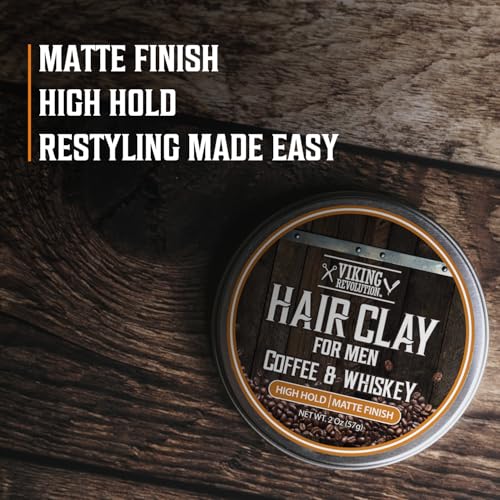 Image of Viking Revolution Coffee & Whiskey Hair Clay for Men - Matte Finish, Texturizing Clay Pomade for Men with Jojoba Oil and Vitamin E - Effortless Hair Styling Cream - Strong Hold, Natural Finish (2 oz)