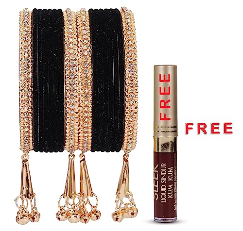 Image of NMII Metal with Zircon Gemstone and Velvet Studded Bells Latkan Bangles Set For Girls and Women I Latkan Bangles, Premium Bangle Bracelet Set I Pack of 16 Bangles