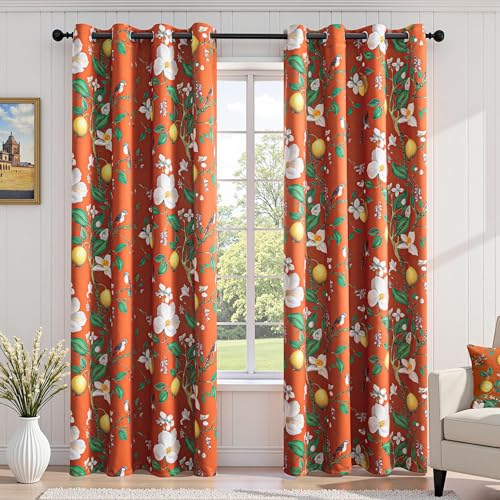 Image of MYSKY HOME Floral Blackout Curtains Panels 84 inches Room Darkening Grommet Vintage Curtains & Drapes with Flower Lemon Hummingbird Patterned for Bedroom Nursery Kids Room, Pack-2, 52 inch, Burnt Orange