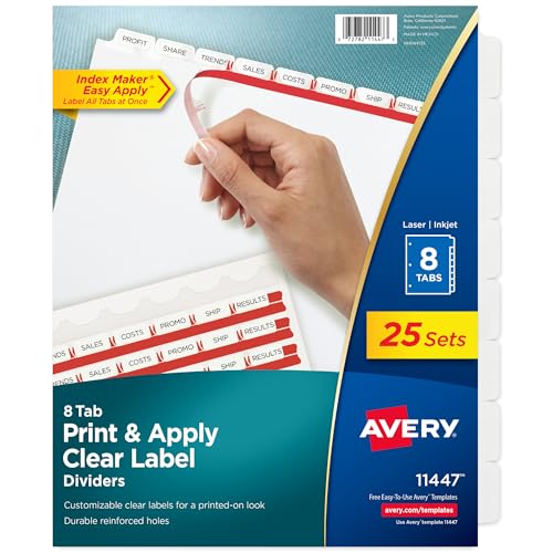 Image of Avery Index Maker Clear Label Dividers, 8-Tab, White, 25 Sets | For Organizing Reports and Presentations, Laser and Inkjet Printable, Reinforced Tear-Resistant Tabs, For 3-Ring Binders