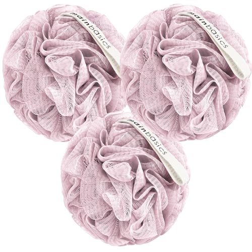 Image of MainBasics Shower Loofah Sponge Pouf, Set of 3, Perfectly Pink | Soft Mesh Body Scrubber and Bath Sponge for Gentle Exfoliation, Rich Lather, and Everyday Shower Use