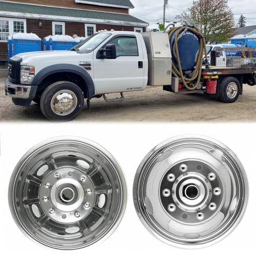 Image of 4pcs 19.5 inch Polished 304 Stainless Steel Wheel Simulators for F450 F550 | Front Rear, 10 Lug 5 Hand Hole, Bolt On Dually Hub Caps, For 2005-2025 Ford F-450 F-550 Super Duty, Install Tools Included