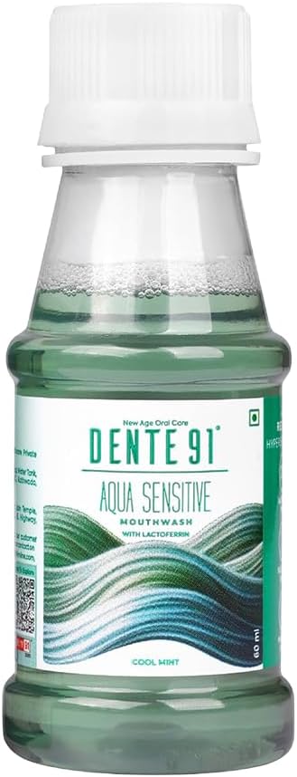 - Dente91 Aqua Sensitive Mouthwash, Helps Reduce Sensitivity & Maintains Good Oral Hygiene, Fluoride Free, Paraben Free, Alcohol-free, No Burning Sensation, Cool Mint Flavour, Pack of 1, 60 ml