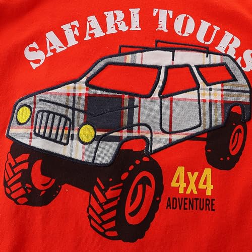 Image of LMYOVE Toddler Boy Short Set Little Boy Clothes Casual CrewNeck Short Sleeve T-Shirt and Short Sets Summer Beach Outfits(5T Red Off-Road Vehicle)