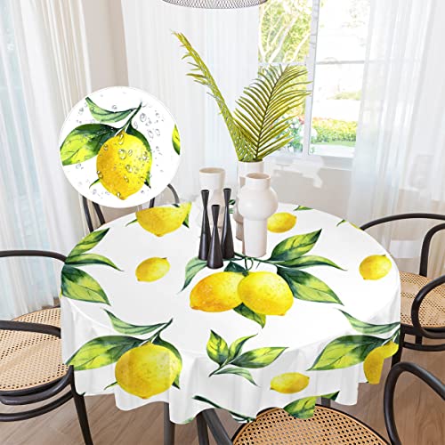 KOBLEN Summer Leaf Lemon Round Tablecloth 48 Inch Table Cover Washable Polyester Waterproof Table Clothes for Picnic Kitchen Dining Room Home Indoor Outdoor Decor