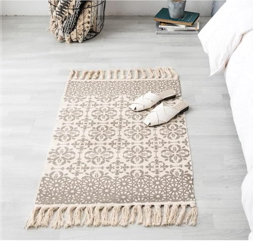 INKAROBOX Tapis en coton avec franges Tissu en coton tissé Tapis de jet Tapis de couloir pour cuisine, salon, chambre, buanderie, entrée (Fleurs, 60x130cm)