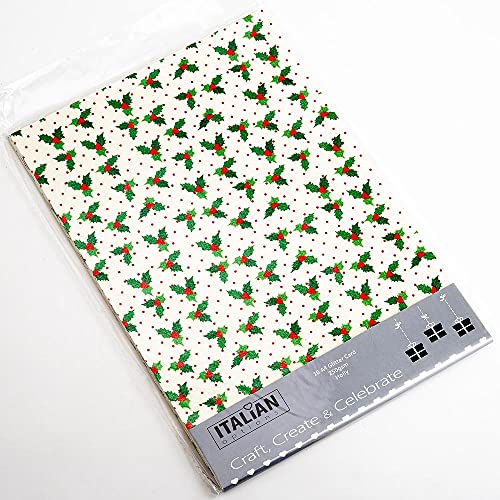 Italian Options 250GSM Non Shed Glitter Card Craft Paper 10 Sheets, A4 Size, Christmas Holly