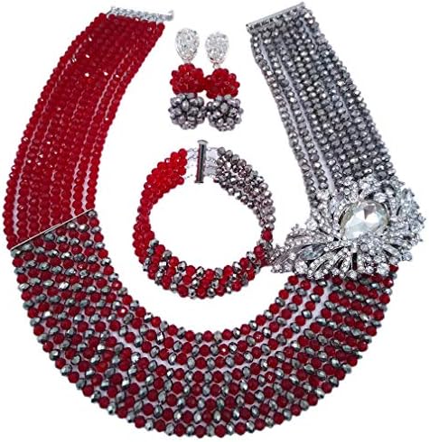 laanc Jewellery 8 Rows Red and Multicolor Gradient Crystal African Beads Nigerian Wedding Jewelry Sets
