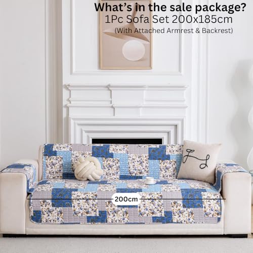 Image of HOMETHREADS Premium Style Anti Slip Sofa Cover Set | Cotton Sofa Slipcover | 1Pc Front Cover with Attached Armrest + 1Pc Back Cover (Blue White Sqr, 4 Seater | 200x185cm)