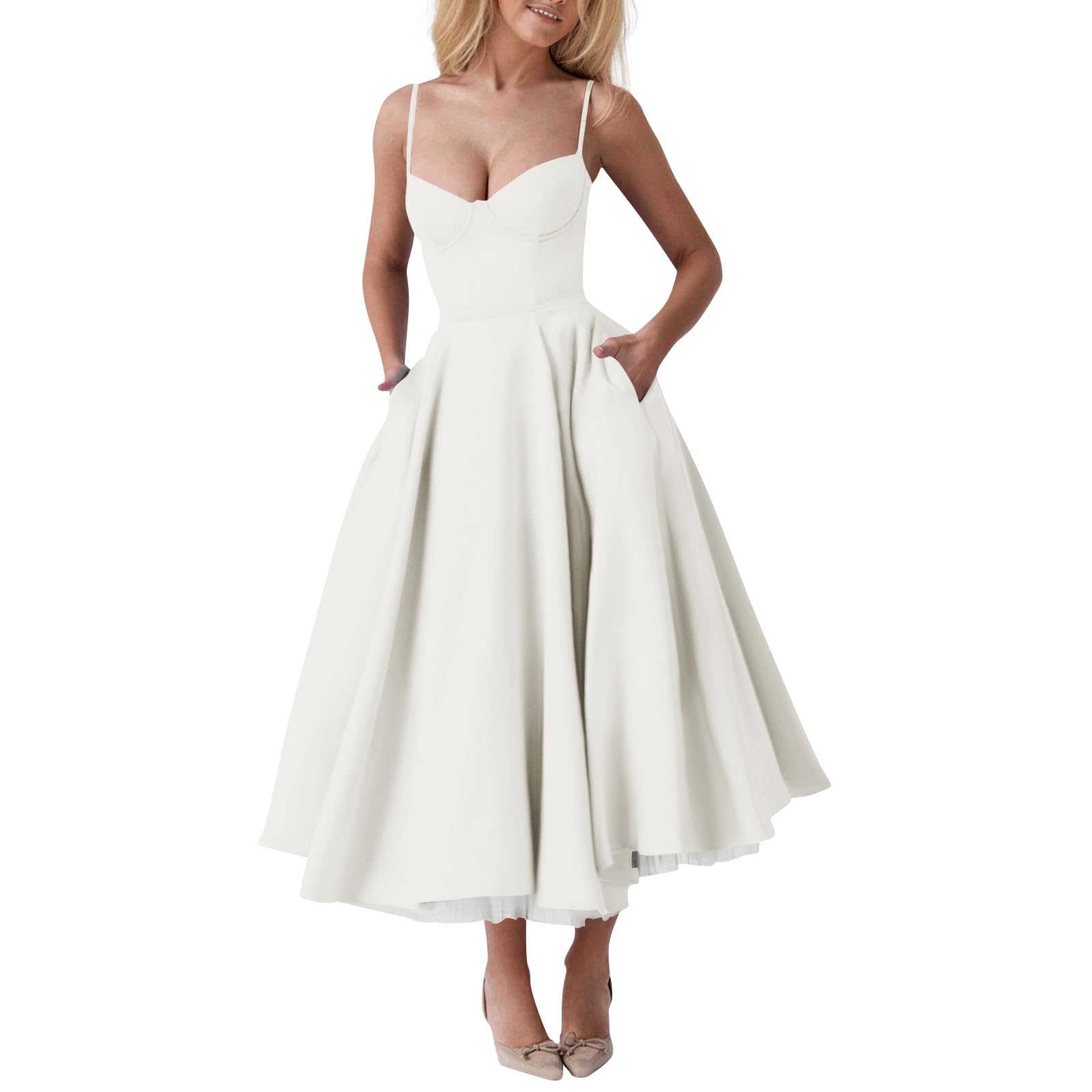 Korsett Kleid Damen Sommer Lang Trägerkleid Damen Midi Elegant A Linie Sommerkleid Blumen Spaghettiträger Sundress Corset Sommerkleider Leicht Und Luftig Midikleid Sommer mit Taschen Kleider