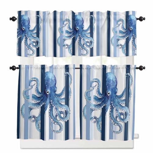 Ocean Octopus Kitchen Curtains 24 Inch Length,3 Piece Rod Pocket Small Half Tiers and Valance Set,Watercolor Navy Blue Aqua Stripe Modern Small Large Window Treatment Decor for Bedroom/Bathroom Sink