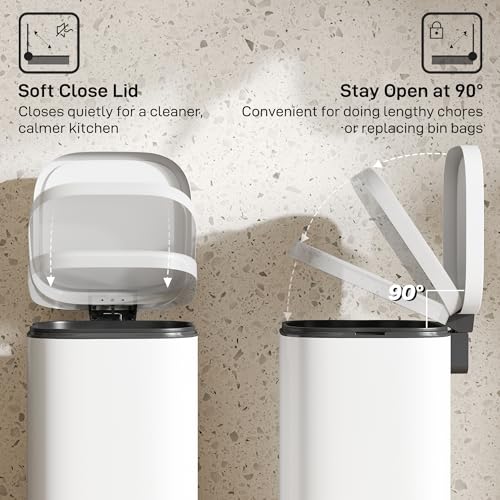 HOMCOM 30L Kitchen Bin with Lid, Compact Pedal Bin with Soft-Close and Stay-Open Lid, Removable Inner Bucket, Fingerprint-Resistant for Kitchen, Home, Office, Bedroom, Cream White - Image 3