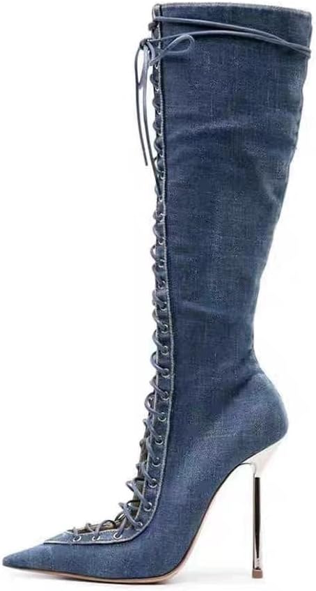 Saint Leia Women's Knee High Boots Pointed Toe Lace Up Stiletto Heel Fashion Elegant Long Boots