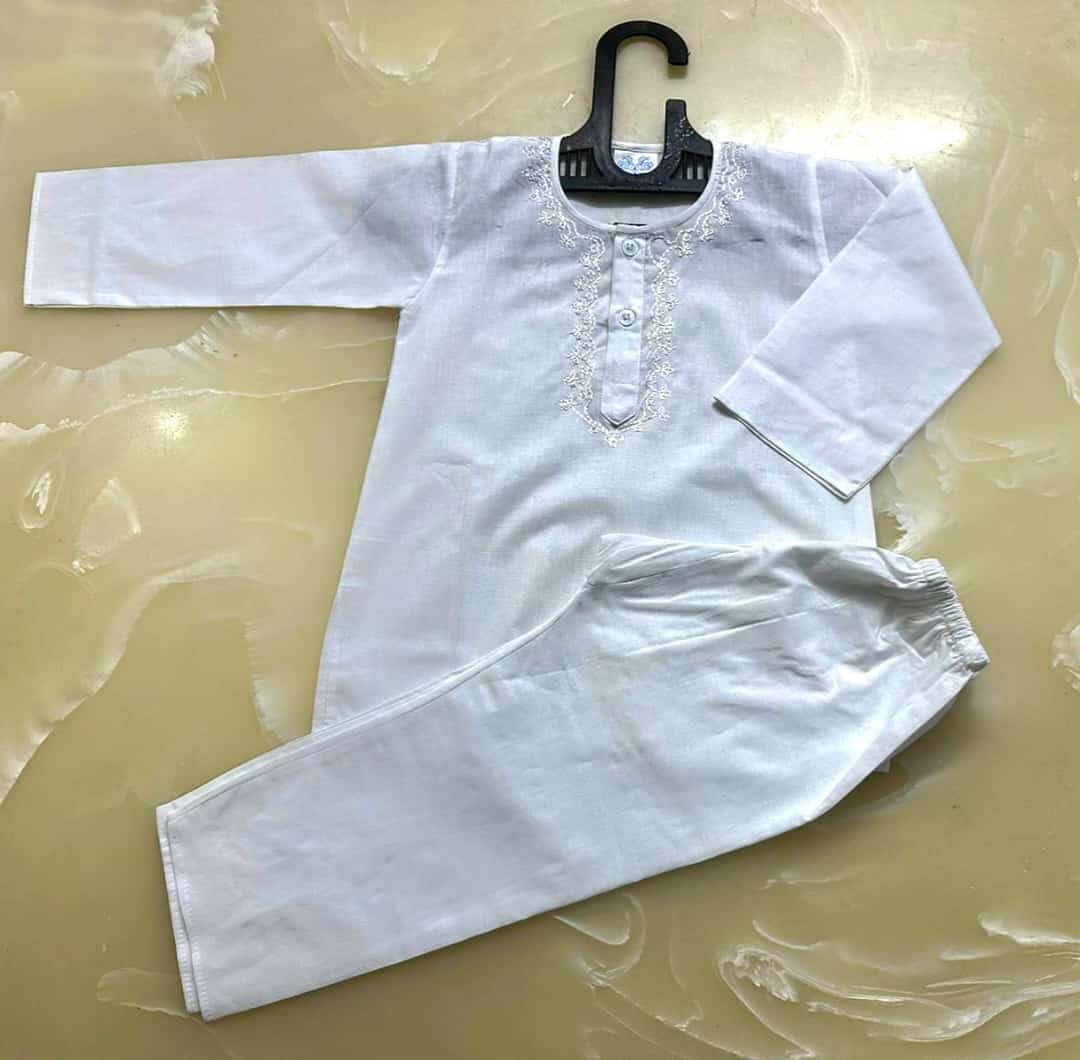 Trisav Cotton Embroided Kurta Pajama for Kids(Unisex) (White, 8-9 Years) 2