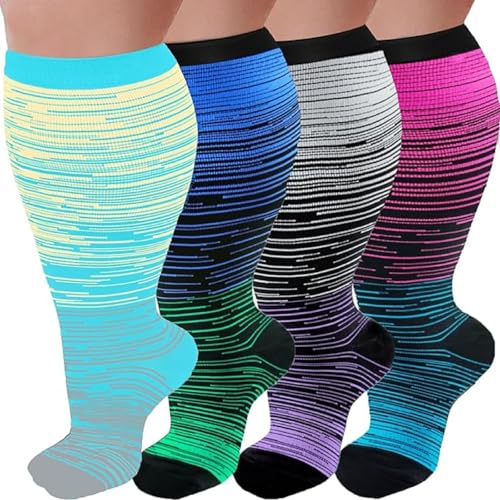 Image of 4 Pairs Plus Size Compression Socks for Women and Men 20-30 mmHg, Wide Calf Stockings Best Support for Circulation, Running