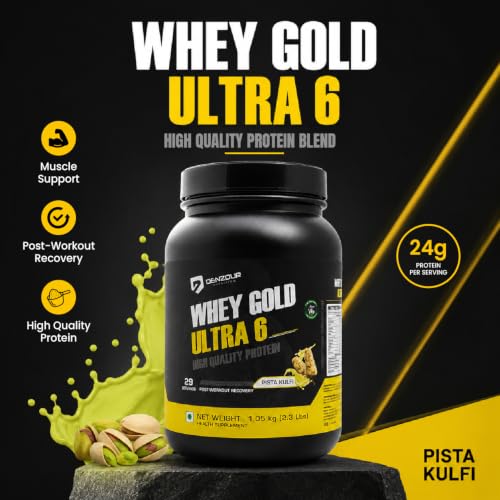Image of DENZOUR NUTRITION Whey Gold Ultra 6 Starter With 24g Protein | Support Muscle Growth And Maintain A Lean Physique- Pista Kulfi Flavour, 1.05 Kg /2.3 lbs (29 Servings)
