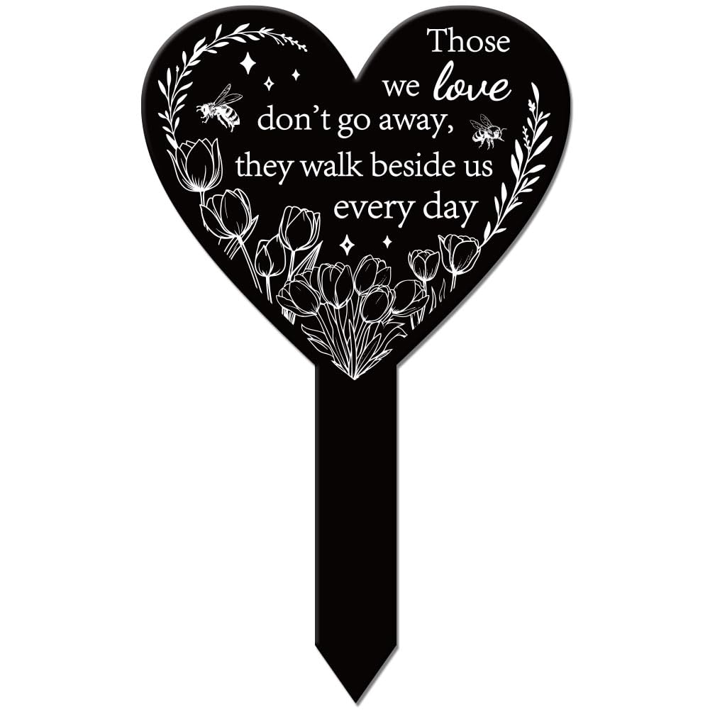 GLOBLELAND Heart Shaped Tulip Bee Garden Stake Memorial Remembrance Plaque Stake for Cemetery Acrylic Grave Stake Waterproof Sympathy Garden Stake for Yard Grave Cemetery