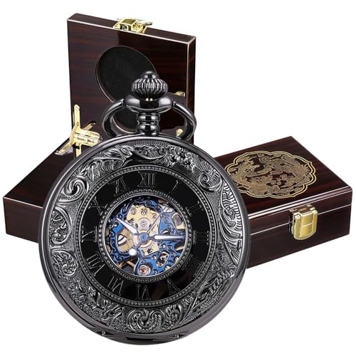 Image of ManChDa Mechanical Roman Numerals Dial Skeleton Pocket Watches with Luxury Wooden Box and Chains for Mens Women