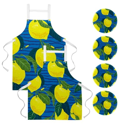 Lot de 2 tabliers de cuisine avec 4 broches à motif citrons jaunes mûrs taille unique