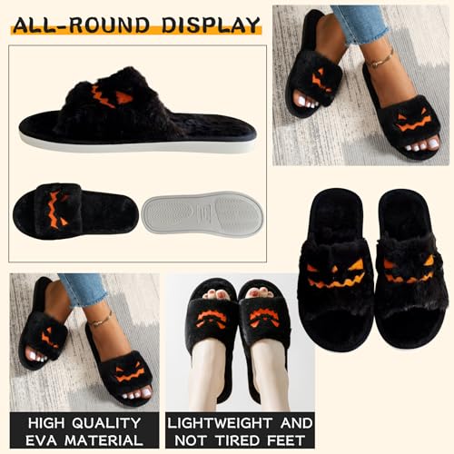 Spooky Halloween Slippers - Soft Fuzz Open Toe Slides for Women, Men & Kids - Goth, Pumpkin & Bat Designs3