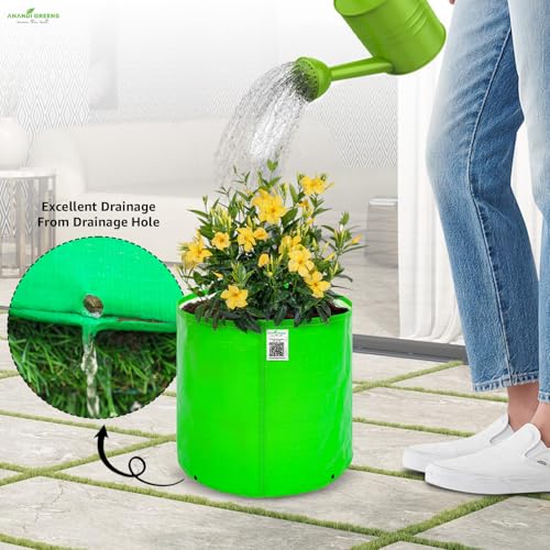 Image of Anandi Green's Premium Hdpe Uv Protected 260 GSM Round Shaped Green Colour Plants Grow Bags Suitable for Terrace and Vegetable Gardening 9x9 Inch Pack of 5