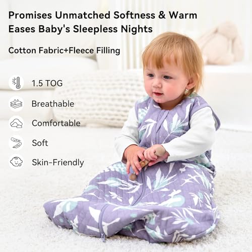 Image of Baby Sleep Sack 6-12 Months 1.5 Tog Baby Wearable Blanket 100% Cotton Fabric Warm Sleeping sack with 2-Way Zipper Quilted for Infant Newborn Tog Purple Leaves