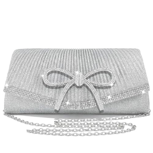 Image of Bow Rhinestone Evening Clutch Purses for Women Weddings Party Prom Diamond Glitter Sparkly Handbag with Detachable Chain