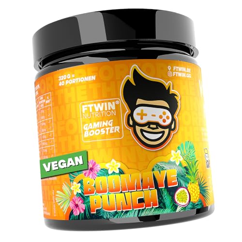 FTWIN® Nutrition Gaming Booster | Reflex, Focus, Energy, Endurance | 40 Servings | Vegan | Für Gamer und E-Sportler | Perfekt für lange und intensive Gaming-Sessions (320 g, Boomaye Punch)