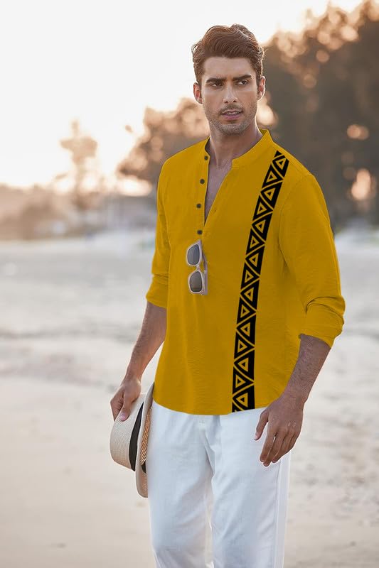Image of FINIVO FASHION Men's Short Kurta with Printed Geometric Side Panel | Cotton Blend Full Sleeve Ethnic Topwear with Mandarin Collar | Stylish Indo-Fusion Kurta for Daily, Festive, or Casual Wear