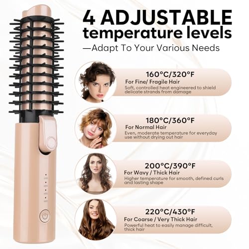 Image of Cordless Curling Iron Brush, Mini Travel Hot Straightener Comb Curl Brush, Rechargeable 4 Temps Cordless Wand Blush with 200 Million Negative Ions for Curls Straightening Styling (Pink)