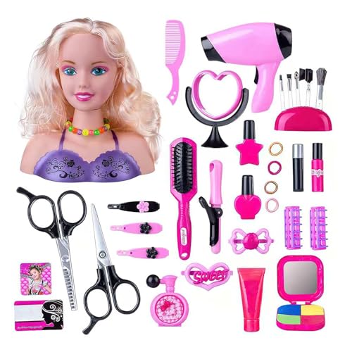 Kids Hairdressing Makeup Dolls,Make-up and Hairdressing Head Kids Hair Styling Head Doll, Hair Styling Doll Head Toys, Doll Styling Head Hairdressing, Styling Head Toy with Hair Accessories (F/36 Pcs)