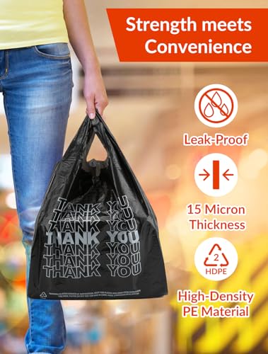 UMT Plastar 300 Count Thank You Plastic Bags, 12\" x 6\" x 22\", 15 Mic Black Grocery Bags with Handles, Ideal for Restaurants, Retail, Grocery Stores, Takeout, Convenience Stores
